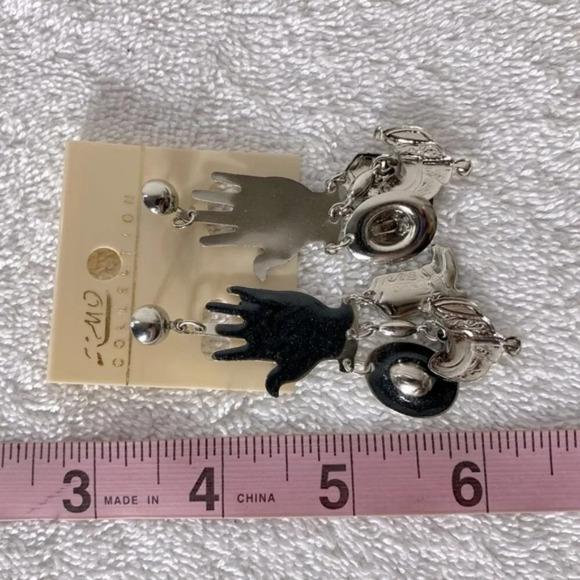 Vintage Black Silver Tone Metal Cowboy Hat Cowboy Boots Saddle Hand Earrings - Picture 7 of 7